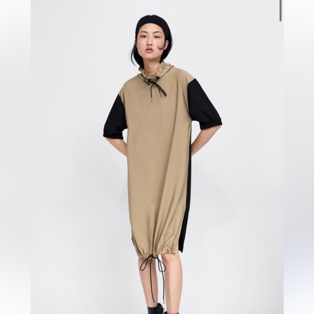 Zara Women’s Dress Tan Khaki Dresss Drawstring Xl Nwt